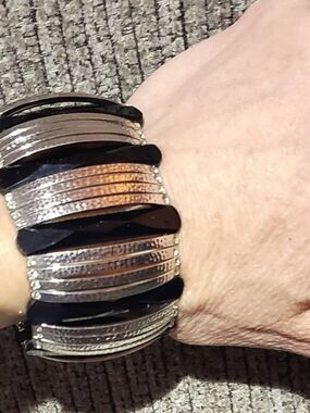 Metallic Pull On Cuff Style Bracelet Silver Black